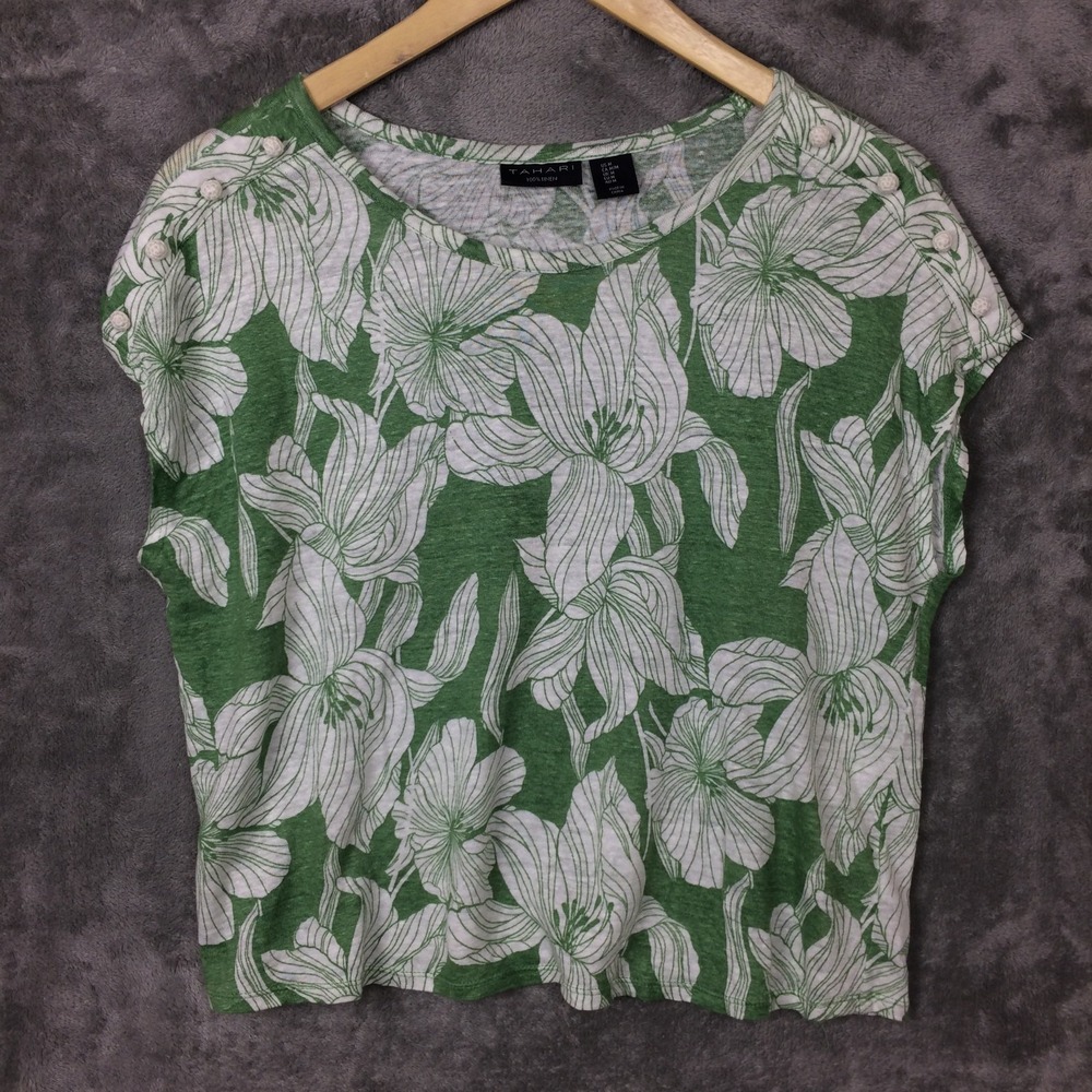 Tahari Top Womens Medium 100% Linen Cap Sleeve Green Floral Coastal Lightweight